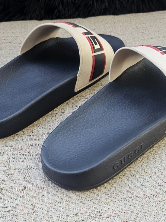 Gucci Men Sandal Shoes Slide Beige/Black Tone Rubber Size 9 Made in Italy Auth main image 6